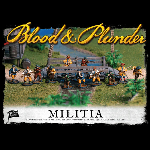 Blood & Plunder Militia Unit Box – 12 customizable 28mm hard plastic militia miniatures with weapons and head options for pirate skirmish games.