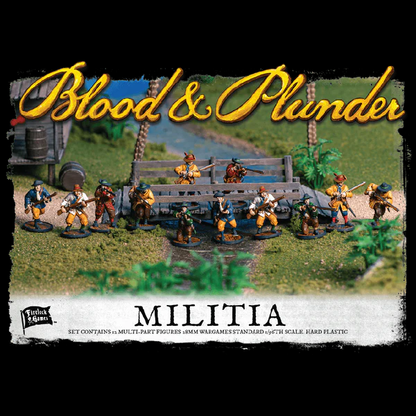 Blood & Plunder Militia Unit Box – 12 customizable 28mm hard plastic militia miniatures with weapons and head options for pirate skirmish games.