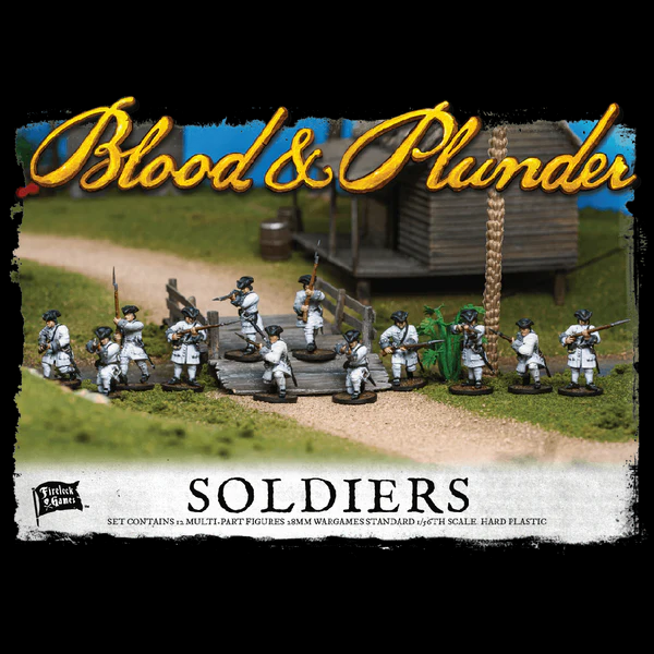 Blood & Plunder Soldiers Unit Box – 12 customizable 28mm hard plastic European soldier miniatures with weapons and head options for historical wargames.