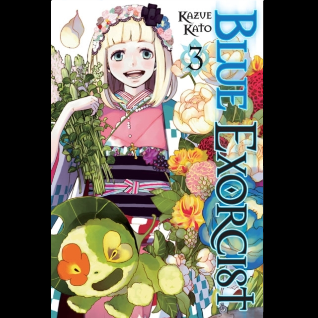 Manga book cover of 'Blue Exorcist' with a character holding vegetables and flowers. Blue Exorcist Volume 3 paperback manga by Kazue Kato Shonen Jump graphic novel cover art