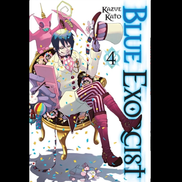 Cover of 'Blue Exorcist' manga volume 4 with an animated character and colorful design. Blue Exorcist Volume 4 paperback manga by Kazue Kato Shonen Jump graphic novel cover art