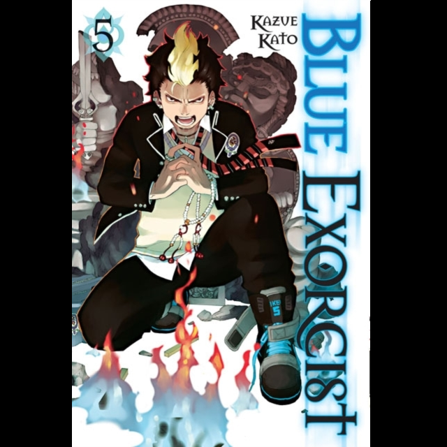 Cover of 'Blue Exorcist' with an animated character in a dynamic pose. Blue Exorcist Volume 5 paperback manga by Kazue Kato Shonen Jump graphic novel cover art