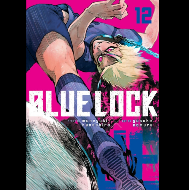 Manga comic book cover for Blue Lock Volume 12, featuring a dynamic illustration of a character in a blue uniform with blonde hair against a bright pink background, with the title 'BLUE LOCK' in large white letters. Blue Lock 12