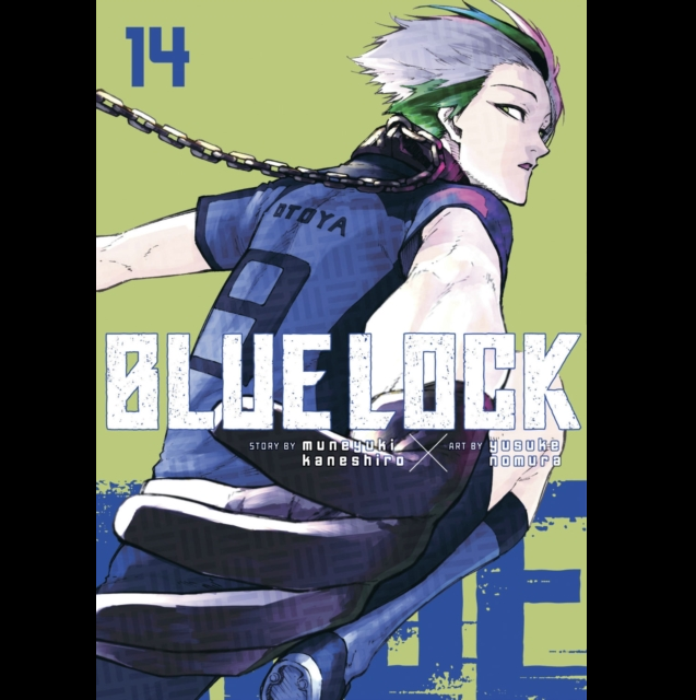 Manga cover for Blue Lock Volume 14, featuring the character Kirisawa Tetsurou in a blue sleeveless jersey with green and pink hair, set against a light olive green background with bold blue and white text. Blue Lock 14