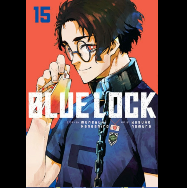 Manga volume cover for Blue Lock, volume 15, featuring an illustrated anime character with glasses and dark hair holding a phone, wearing a blue jersey against a red-orange background. The title 'BLUE LOCK' is printed across the center. Blue Lock 15