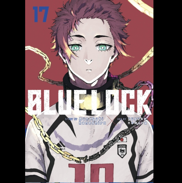 Manga volume cover for Blue Lock, volume 17, featuring an anime-style illustration of a male character with spiky magenta hair, green eyes, and a white sports jersey, with the title 'BLUE LOCK' in large white letters across the center. Blue Lock 17