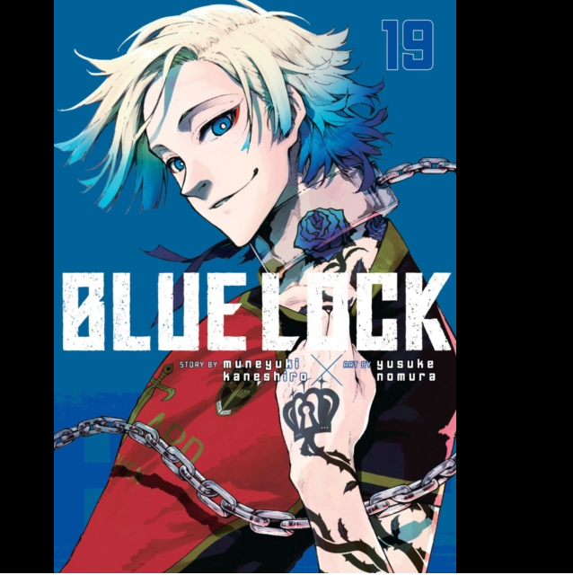 Cover of Blue Lock 19 features an intense illustration of a young coach surrounded by determined soccer players, set against a vibrant, high-tech background.
