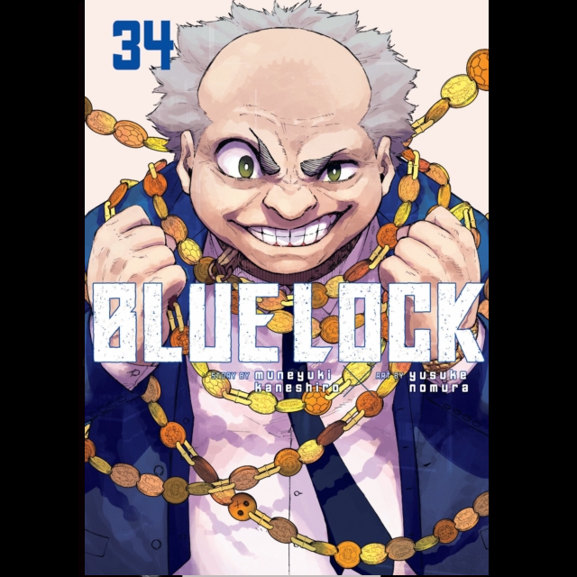 Blue Lock Volume 34 manga cover featuring a stylized illustrated character with gray hair, a wide grin, and a blue suit, wrapped in a gold chain, with the title 'BLUE LOCK' across the center. Blue Lock 34 - Manga Graphic Novel