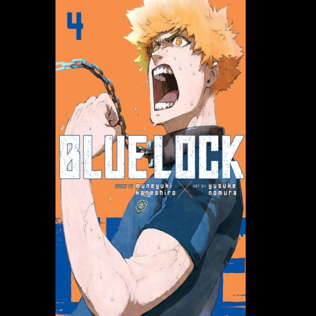 Cover of Blue Lock 4 features a dynamic illustration of a blonde-haired player shouting, with a blue and white background, showcasing intense sports action.