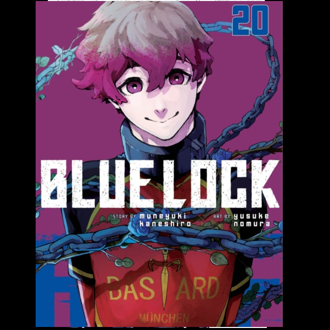 Blue Lock Vol. 20 High-Stakes Football Manga by Muneyuki Kaneshiro. Manga book cover of 'Blue Lock' with a character and chains on a purple background