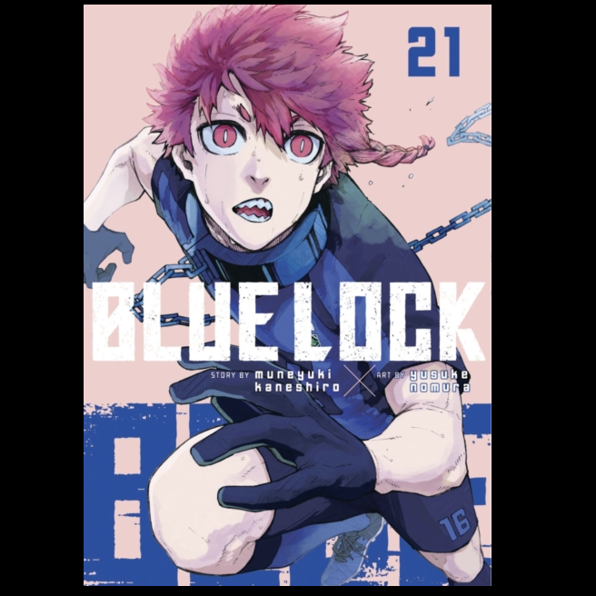 Manga cover of 'Blue Lock' with a character holding a ball, on a pink and blue background.