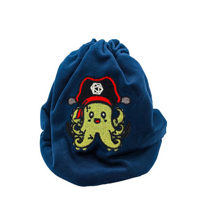 Blue drawstring bag with a embroidered octopus wearing a pirate hat on a white background. Blue Mini Dice Pouch - Mystery Dice Goblin