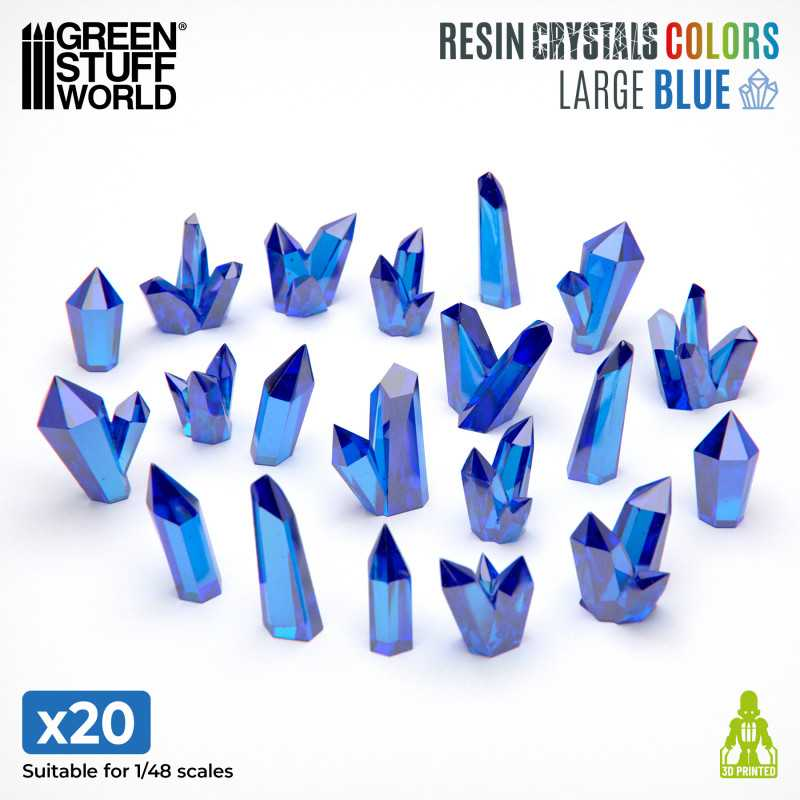 Blue Resin Crystals - Large. High-quality resin crystals in vibrant blue tones. Includes 20 pieces (15-20mm) with single, double, and triple formations.