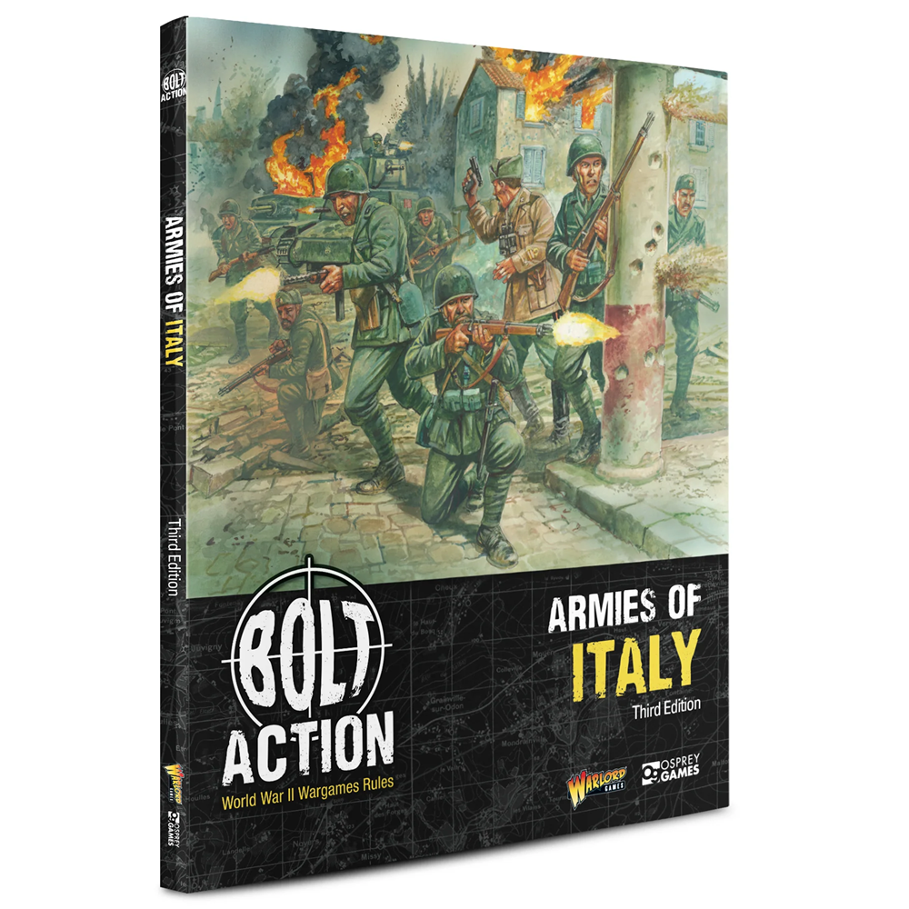 Box for 'Armies of Italy' from Bolt Action wargame series on a white background
