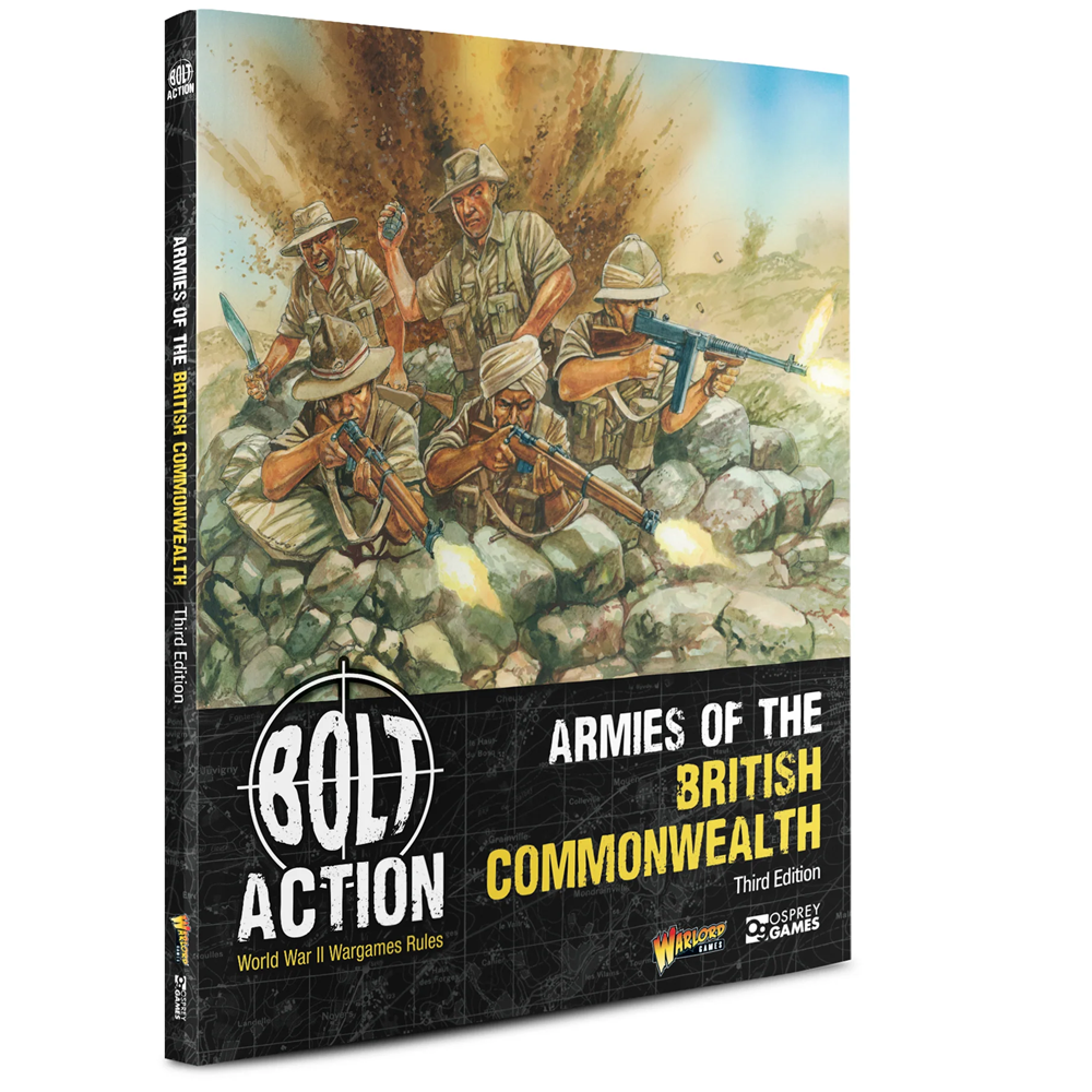 Bolt Action: Armies of the British Commonwealth Third Edition board game box, featuring a detailed illustration of World War II soldiers in a trench on the front cover and spine. Bolt Action Armies of the British Commonwealth Third Edition paperback army rulebook 128 pages