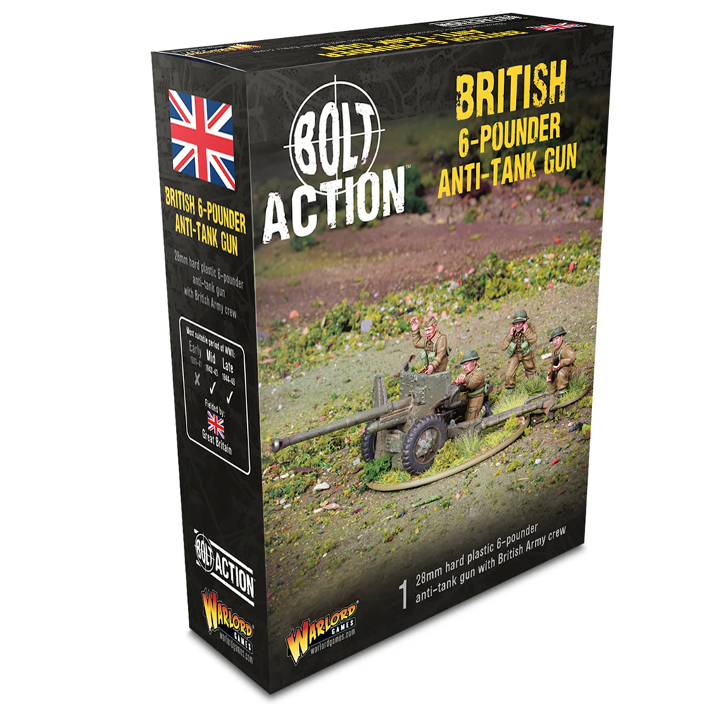 Box packaging for a Bolt Action British 6-Pounder Anti-Tank Gun miniature set, featuring a black box with a Union Jack flag, product title in yellow text, and a photo of painted model figures and a miniature artillery piece on a grassy field. Bolt Action British 6-pounder anti-tank gun with four crew 28mm World War II miniatures