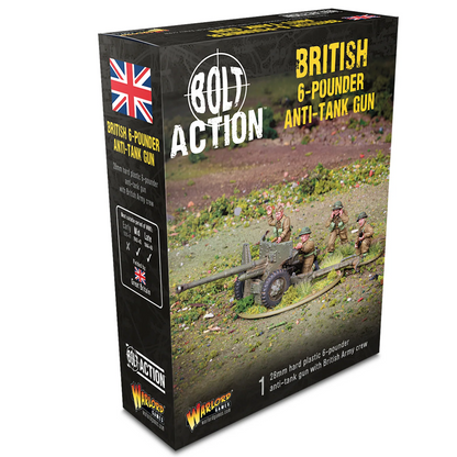 Box packaging for a Bolt Action British 6-Pounder Anti-Tank Gun miniature set, featuring a black box with a Union Jack flag, product title in yellow text, and a photo of painted model figures and a miniature artillery piece on a grassy field. Bolt Action British 6-pounder anti-tank gun with four crew 28mm World War II miniatures