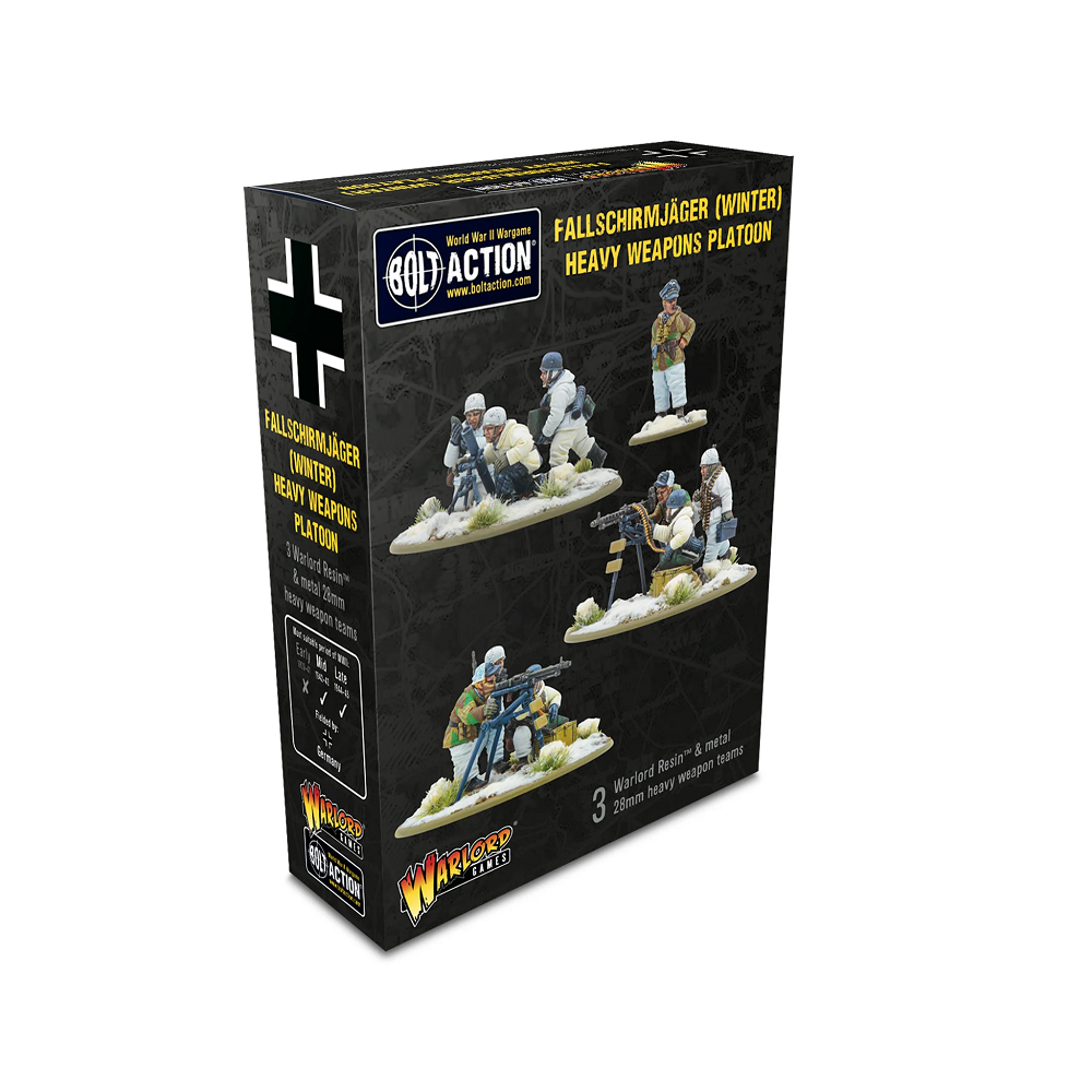 Bolt Action: Fallschirmjäger Winter Heavy Weapons Platoon. Wargaming miniatures box for Fallschirmjager Heavy Weapons Platoon with figures on a white background