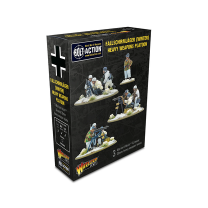 Bolt Action: Fallschirmjäger Winter Heavy Weapons Platoon. Wargaming miniatures box for Fallschirmjager Heavy Weapons Platoon with figures on a white background