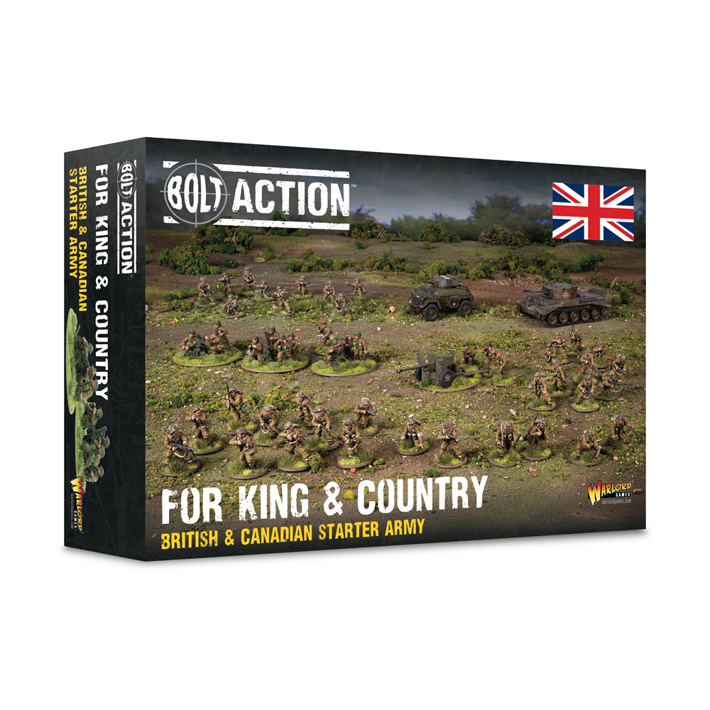 Box packaging for Bolt Action For King & Country British & Canadian Starter Army, featuring a military scene illustration on the front with a Union Jack flag in the top right corner. Bolt Action For King and Country British Canadian Starter Army 28mm World War II miniatures