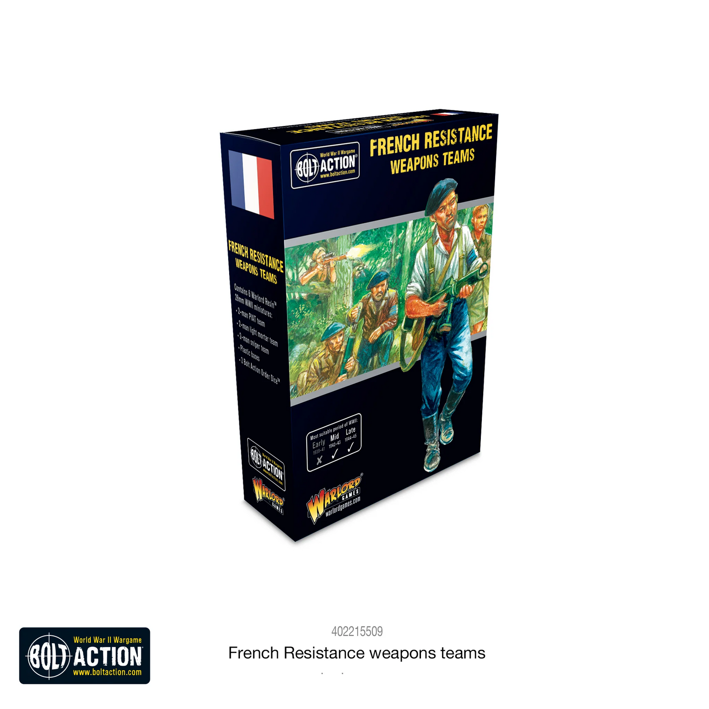 Box for French Resistance weapons teams from Bolt Action on a white background. Bolt Action French Resistance Weapons Teams Warlord Games 28mm Miniatures
