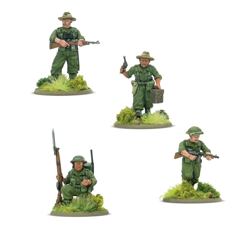 Four toy soldiers in green uniforms with weapons on grassy bases against a white background. Bolt Action Gurkha HQ four Warlord Resin 28mm World War II miniatures