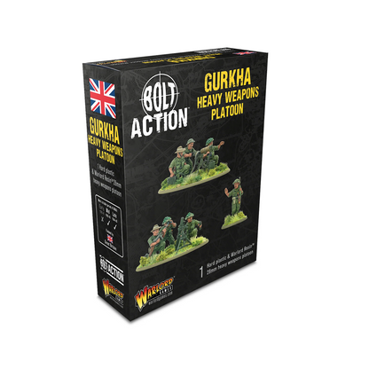 Box for 'Gurkha Heavy Weapons Platoon' from Bolt Action game on a white background. Bolt Action Gurkha Heavy Weapons Platoon 28mm World War II miniatures with mortar and machine gun