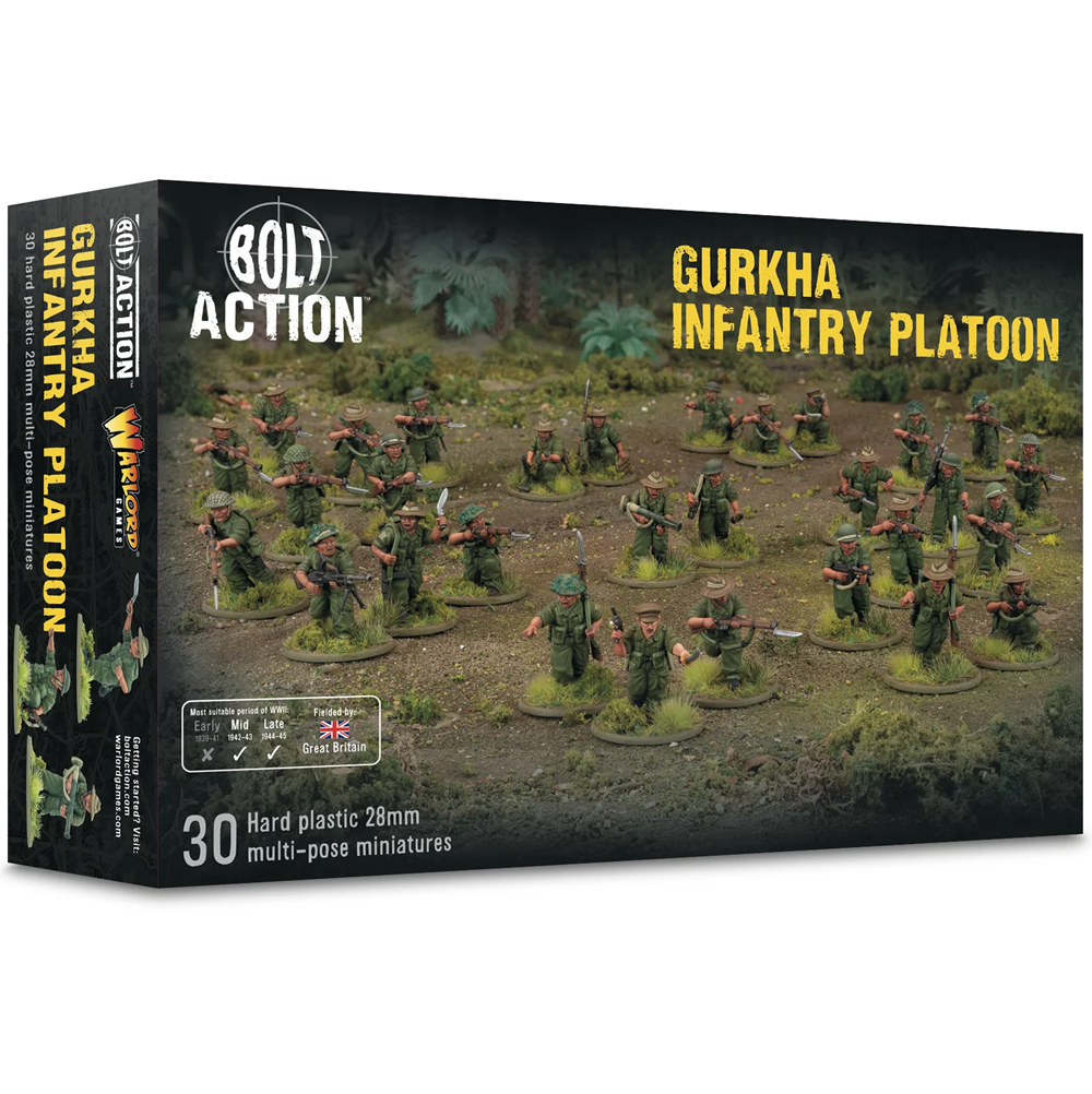 Box art for Bolt Action Warlord Games' Gurkha Infantry Platoon, showing 30 hard plastic 28mm multi-pos miniature figures arranged on a battlefield terrain with foliage and dirt. Bolt Action Gurkha Infantry Platoon 30 hard plastic 28mm World War II miniatures