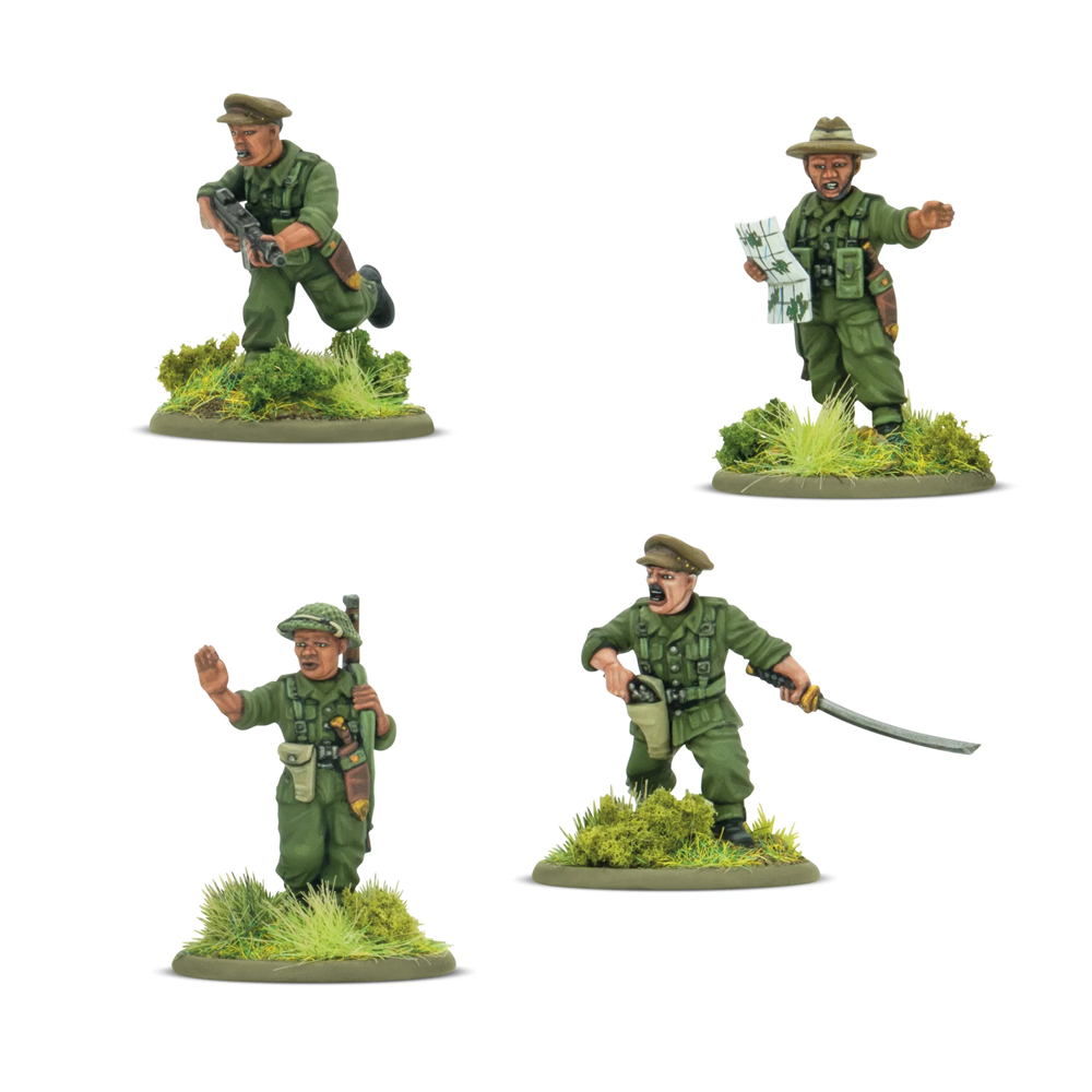 Four toy soldiers in green uniforms on grassy bases against a white background. Bolt Action Gurkha Platoon Commanders four Warlord Resin 28mm World War II miniatures