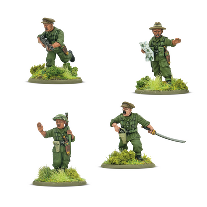Four toy soldiers in green uniforms on grassy bases against a white background. Bolt Action Gurkha Platoon Commanders four Warlord Resin 28mm World War II miniatures
