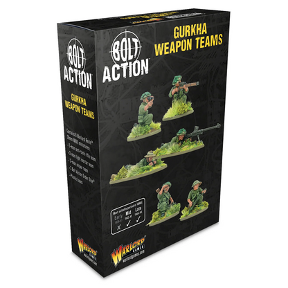 Box packaging for Bolt Action Gurkha Weapon Teams, showing the front and side panels with product title, unit details, and miniature examples on a black background. Bolt Action Gurkha Weapon Teams anti-tank rifle mortar and sniper Warlord Resin miniatures
