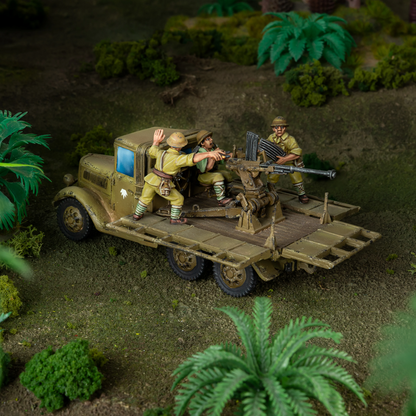 Model of a military truck with soldiers in a forest setting. Bolt Action Isuzu Type 98 AA Machine Cannon Carrier 1/56 Resin Model