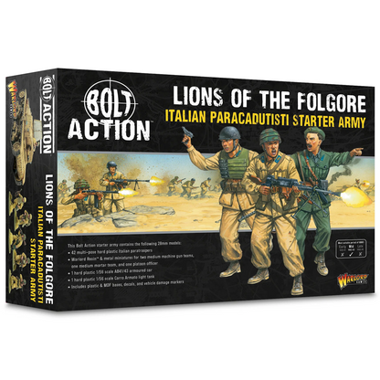 Wargame box for 'Lions of the Folgore' Italian Paracadutisti starter army from Bolt Action. Bolt Action Lions of the Folgore Italian Paracadutisti Starter Army
