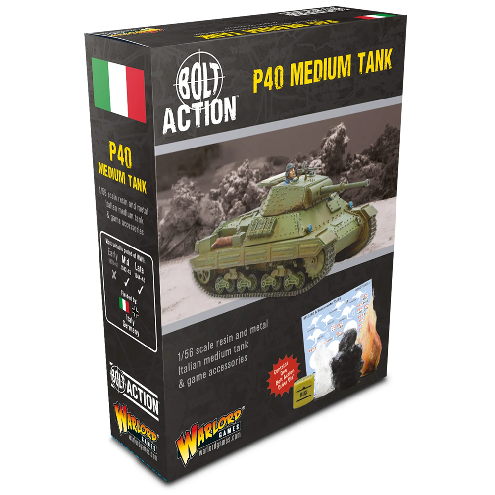 Box packaging for Bolt Action P40 Medium Tank, a 1/60 scale resin and metal Italian medium tank with game accessories, shown at a three-quarter angle on a white background. Bolt Action P40 Italian Medium Tank 1/56 scale resin and metal World War II model