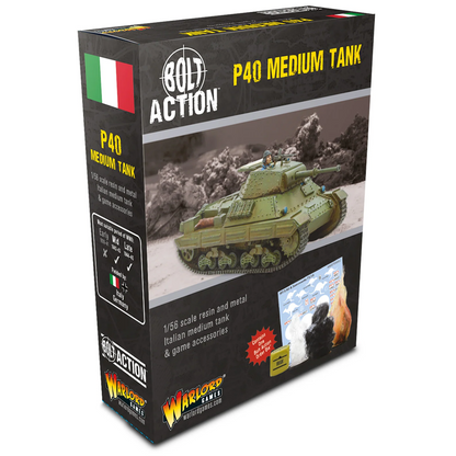 Box packaging for Bolt Action P40 Medium Tank, a 1/60 scale resin and metal Italian medium tank with game accessories, shown at a three-quarter angle on a white background. Bolt Action P40 Italian Medium Tank 1/56 scale resin and metal World War II model