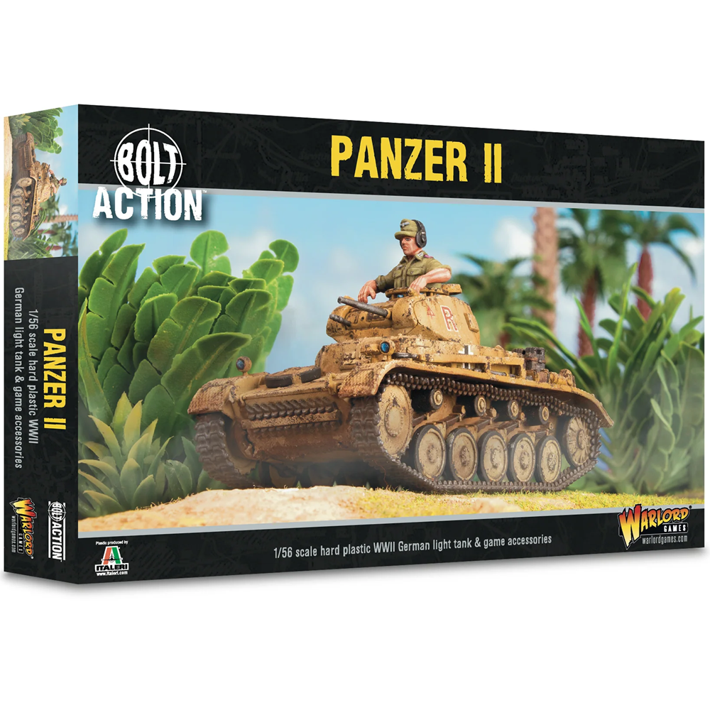 Box art for Bolt Action Panzer II 1/60 scale hard plastic WWII German light tank and game accessories, showing a painted tan tank with a driver on the front panel. Bolt Action Panzer II German light tank 1/56 scale hard plastic World War II mode