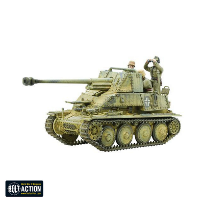 Bolt Action: Sd.Kfz. 139 Marder III – 28mm (1/56th) German Tank Destroyer. Model tank with a soldier on a white background, featuring the Bold Action logo.