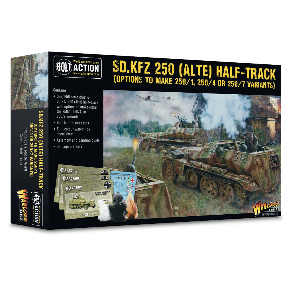 Bolt Action: Sd.Kfz 250 Alte Half-Track. Boxed set of Sd.Kfz 250 half-track model from Bolt Action game on a white background