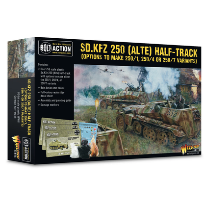 Bolt Action: Sd.Kfz 250 Alte Half-Track. Boxed set of Sd.Kfz 250 half-track model from Bolt Action game on a white background