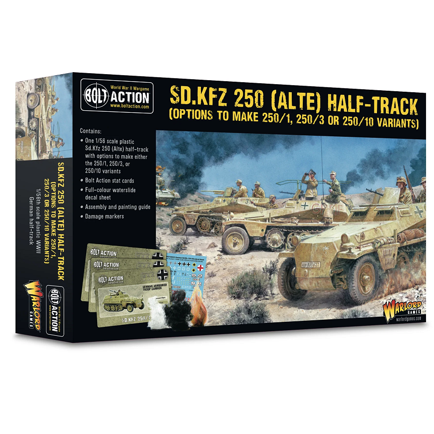 1/56th scale Sd.Kfz 250 Alte Half-Track model kit with Rommel figure, MG34s, and 3.7cm PaK gun options for Bolt Action WW2 wargaming.