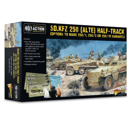 1/56th scale Sd.Kfz 250 Alte Half-Track model kit with Rommel figure, MG34s, and 3.7cm PaK gun options for Bolt Action WW2 wargaming.