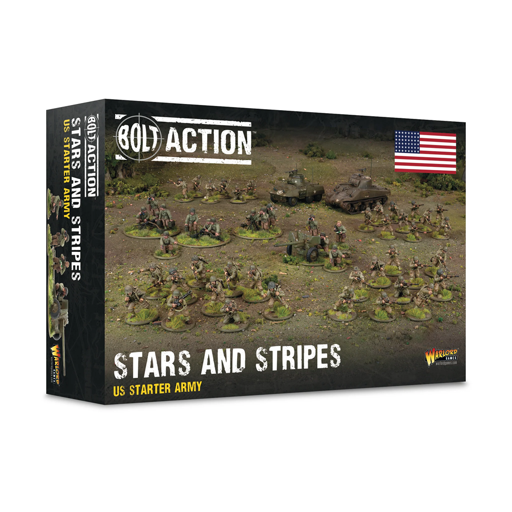 Warlord Games Bolt Action Stars and Stripes US Starter Army box, showing the front and spine packaging with miniature soldier and tank illustrations on a white background. Bolt Action Stars and Stripes US Starter Army 28mm World War II miniatures with Sherman and Greyhound