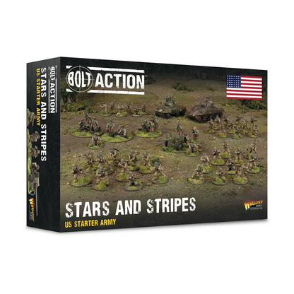 Warlord Games Bolt Action Stars and Stripes US Starter Army box, showing the front and spine packaging with miniature soldier and tank illustrations on a white background. Bolt Action Stars and Stripes US Starter Army 28mm World War II miniatures with Sherman and Greyhound