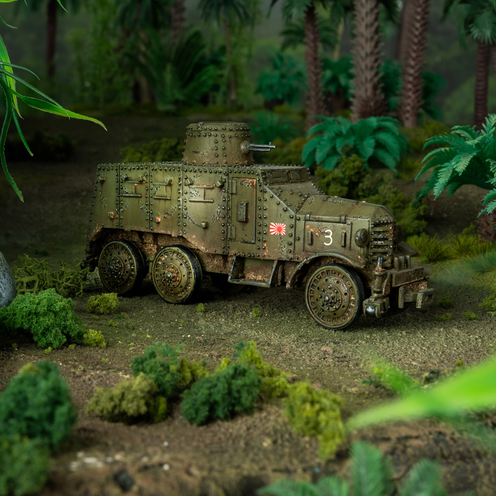 Bolt Action Type 91 So-Mo Armoured Car 1/56 Resin Model – Warlord Games. Model military vehicle in a jungle setting