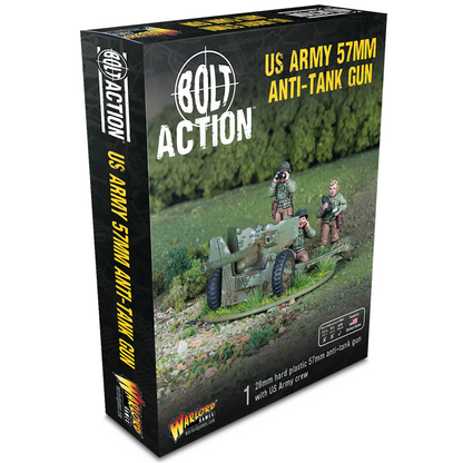 Box packaging for Bolt Action US Army 57mm Anti-Tank Gun, featuring a black box with yellow text and a photo of a miniature model of the gun on a grassy field with soldiers. Bolt Action US 57mm M1 anti-tank gun with four US Army crew 28mm World War II miniature