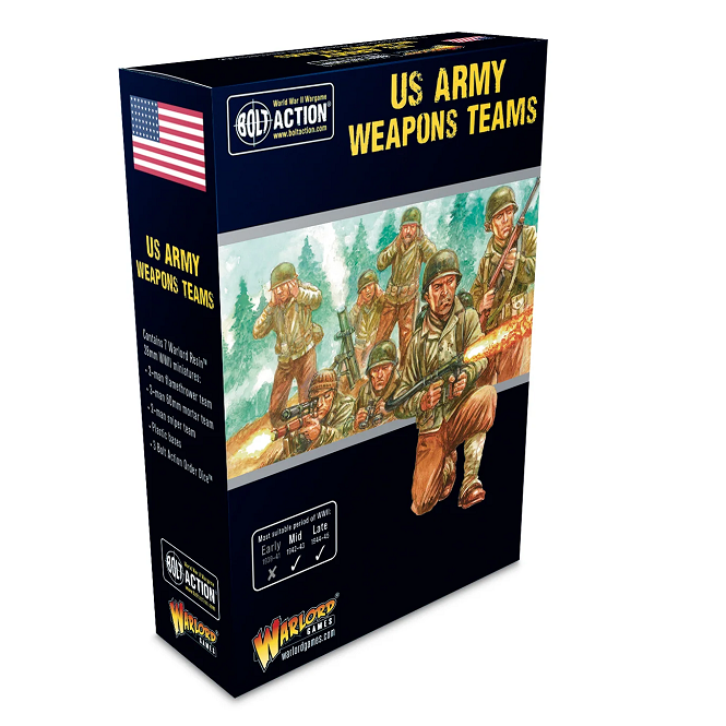 A set of seven unpainted 28mm resin miniatures, including a 2-man sniper team, a 3-man light mortar team, and a 2-man flamethrower team for Bolt Action.