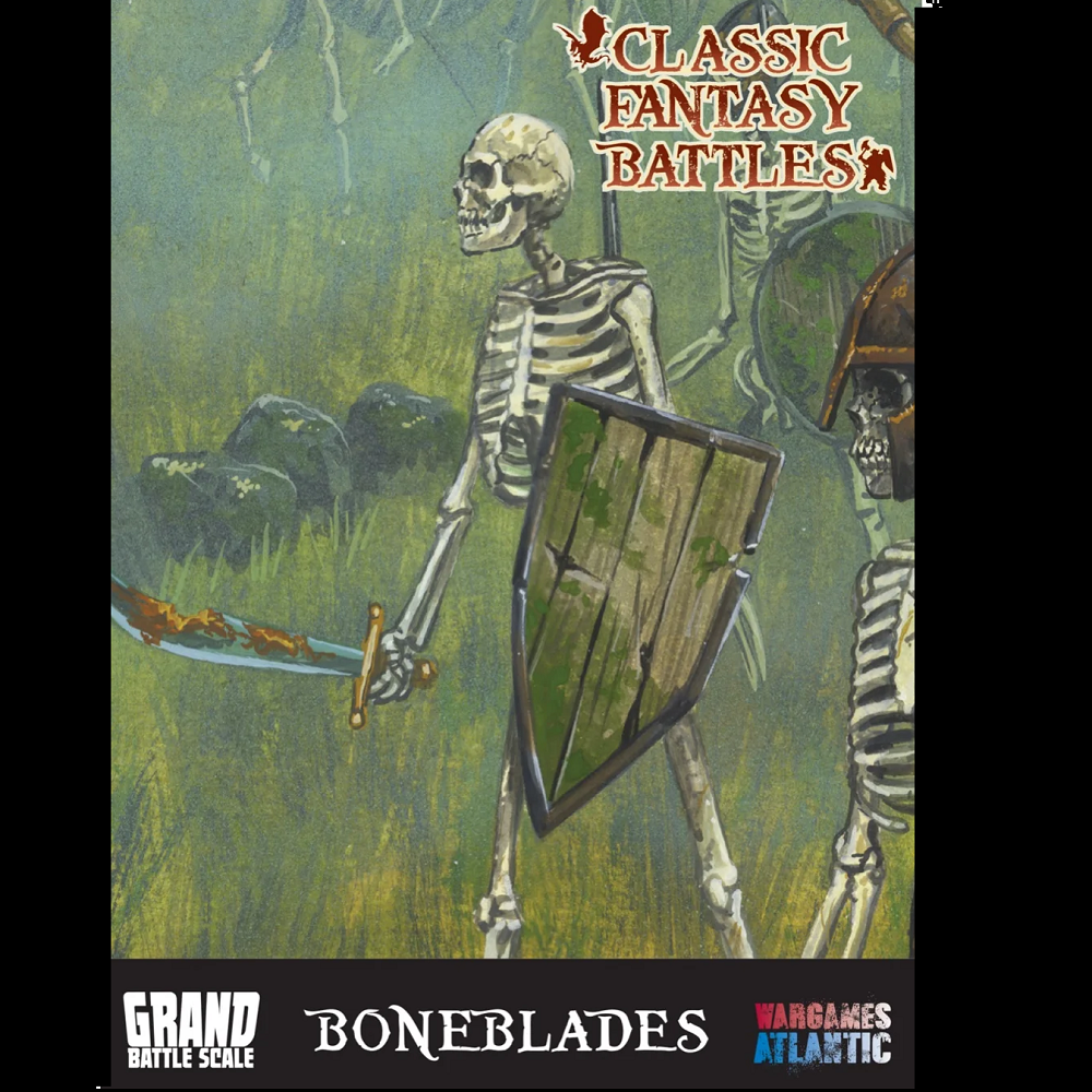 Hard plastic 10mm Boneblades miniatures showing skeleton warriors with sword and shield, three command figures, casualties, and 48 skulls for wargaming.