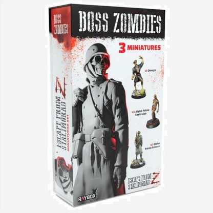 Boss Zombies Miniatures Set - Escape from Stalingrad Z. Box of 'Boss Zombies' miniatures featuring a character in a helmet and uniform.