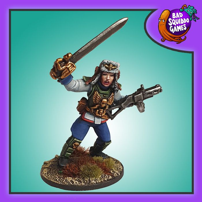 Miniature figure of a warrior holding a sword and gun on a gradient background with 'Bad Squiddo Games' logo.