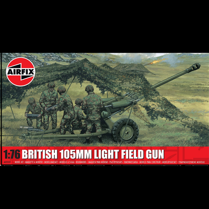British 105mm Light Field Gun Airfix 1:76 Scale Model Kit. Model kit packaging of a British 105mm light field gun with soldiers and camouflage setup.